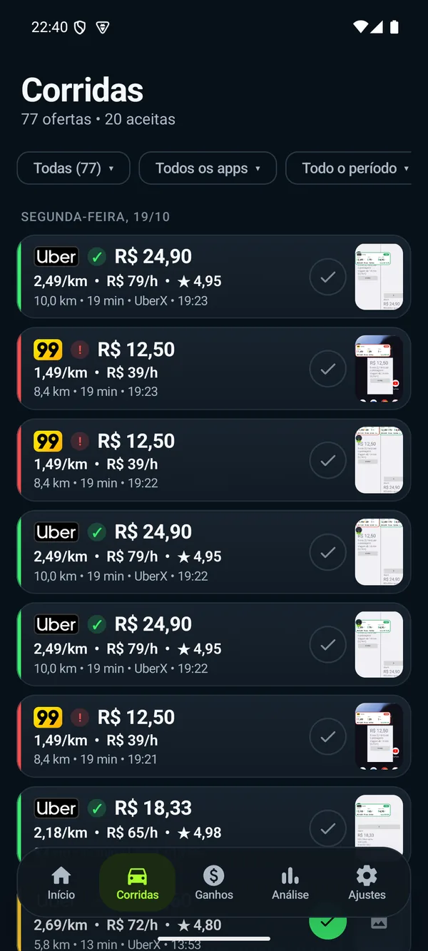 Tela Corridas do Verdin: ofertas da Uber e da 99 com valor, R$/km, R$/h e nota.